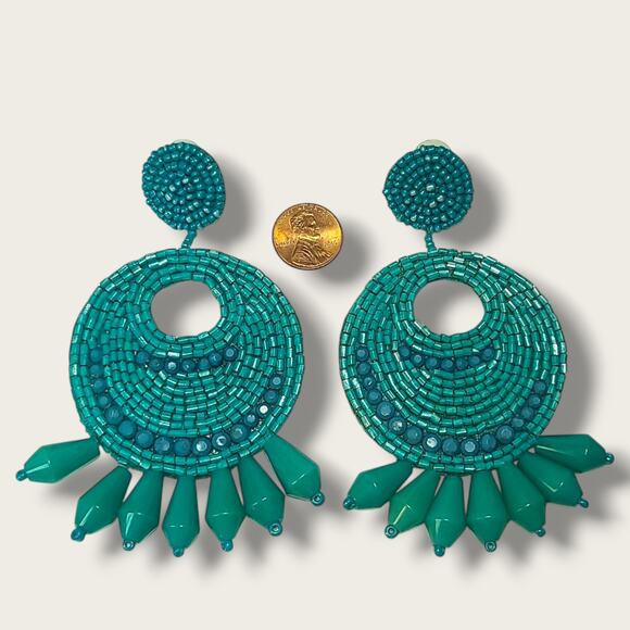 Kenneth J Lane KJL Turquoise Seed Bead Round Gypsy Hoop Drops Pierced Earrings - Picture 5 of 8